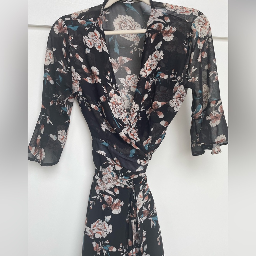 Beautiful Black Sheer Wrap Dress with Terracotta/Rusty Flowers Floral Design!
